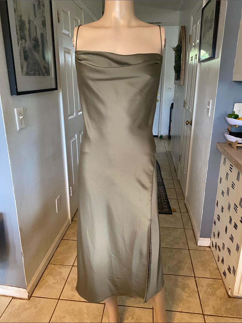 Banana Republic Satin Cowl Neck Slip Dress in Olive